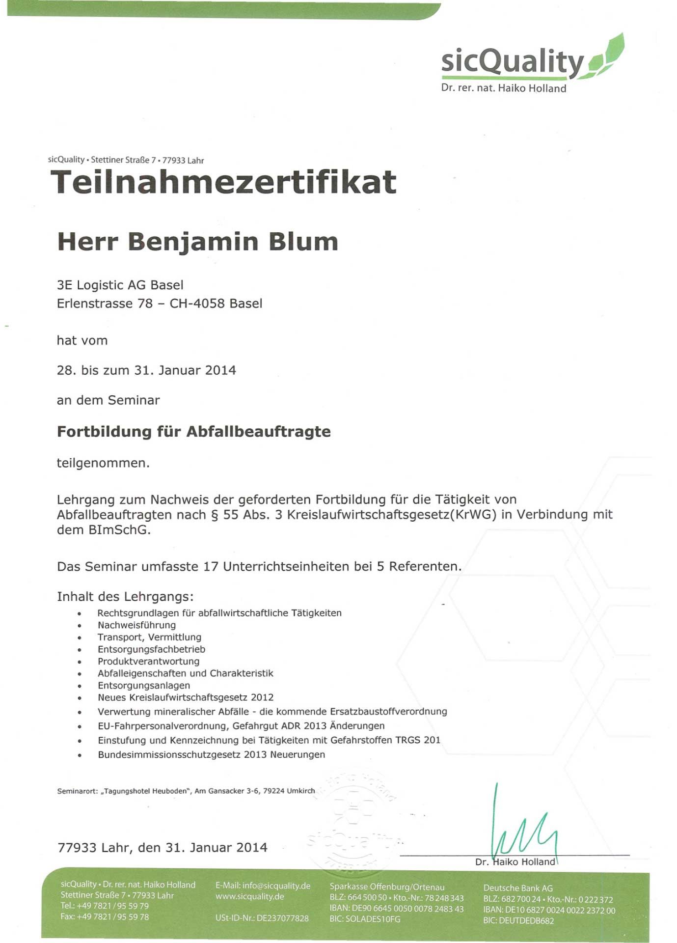 Fortbildungszertifikat für Abfallbeauftragte | 3E Logistic