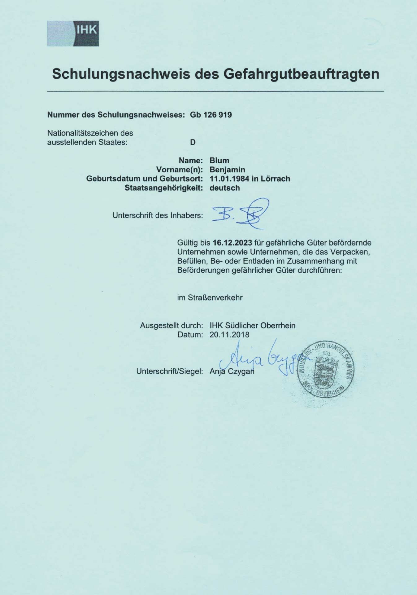 Schulungsnachweis des Gefahrgutbeauftragten | 3E Logistic