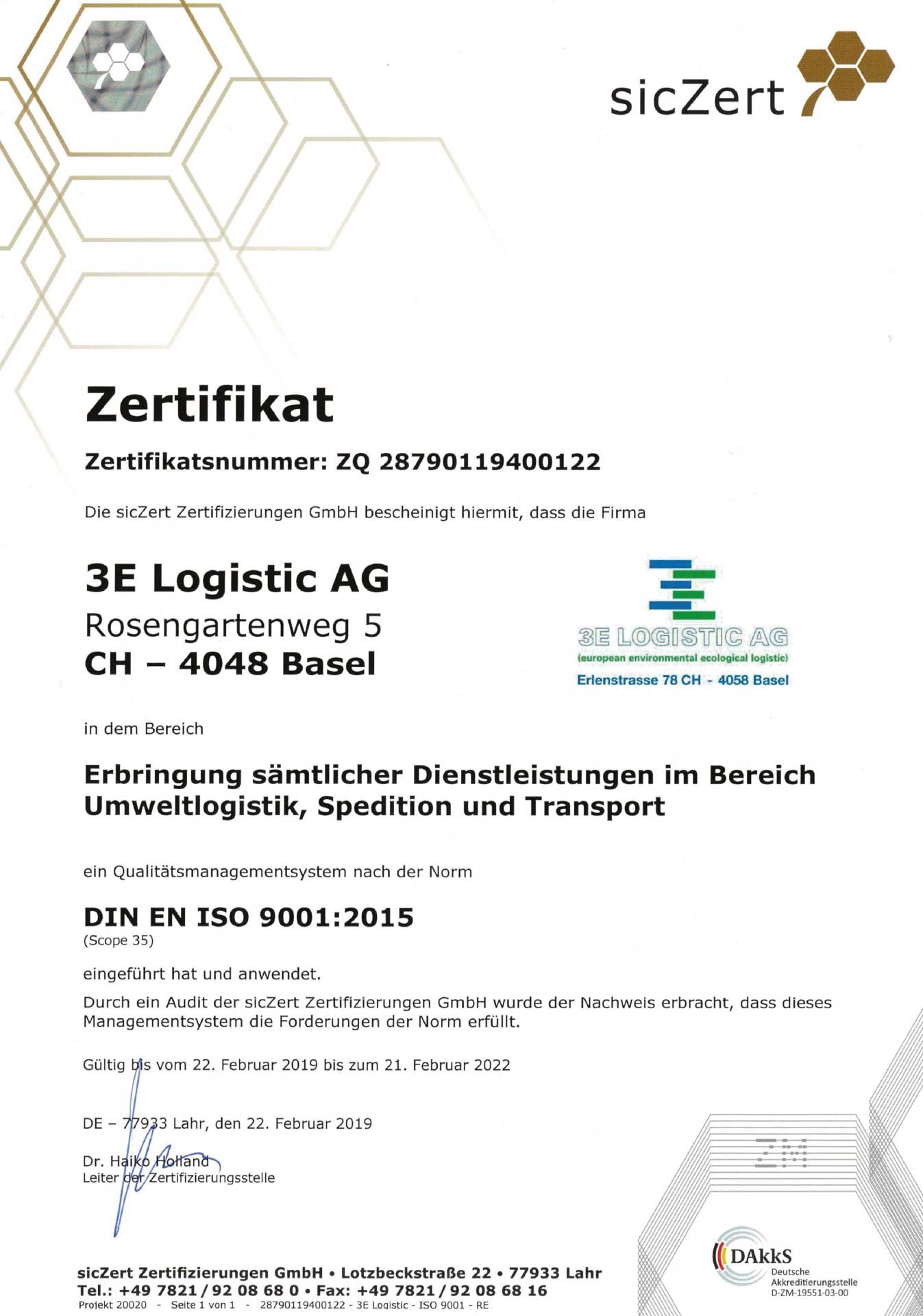 ISO 9001:2008 Zertifikat  | 3E Logistic